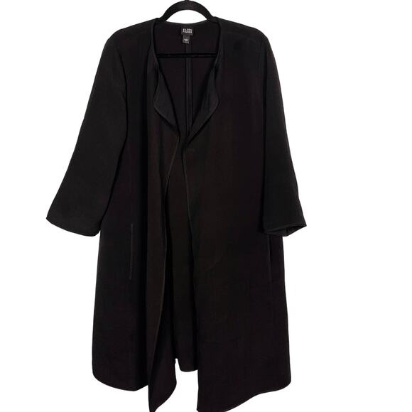 Eileen Fisher L Black Long Open Front Textured Blazer Jacket Silk Blend Magnetic - Picture 1 of 9